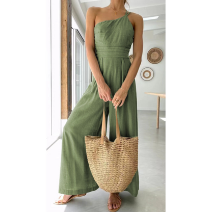 Women’s Jumpsuit – Tailored Fit – Asymmetric Neckline – Wide Leg – Breathable Blend