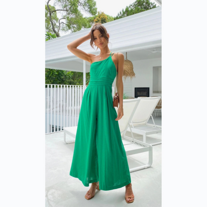 Women’s Jumpsuit – Tailored Fit – Asymmetric Neckline – Wide Leg – Breathable Blend
