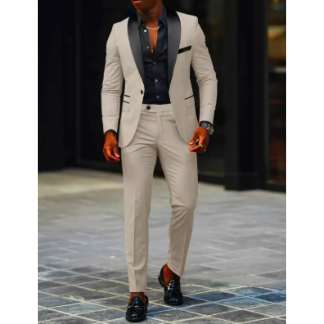 Men’s Slim Fit Suit – Wool Blend – Satin Shawl Lapel – Formal Two-Piece Set