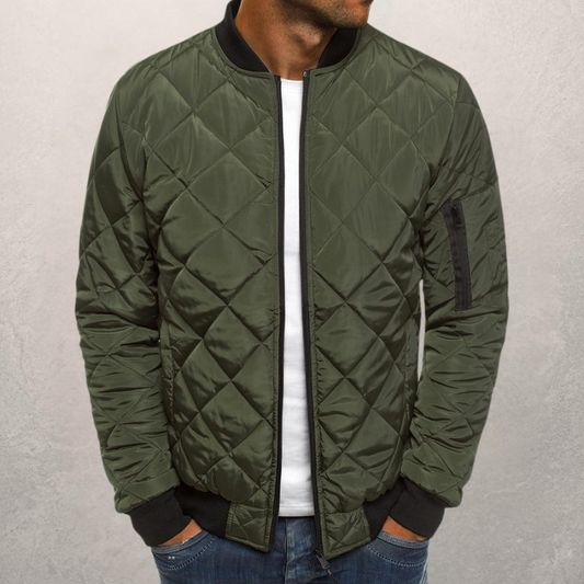 Men’s Bomber Jacket – Quilted Diamond Pattern – Wind Resistant – Ribbed Trim – Utility Pocket