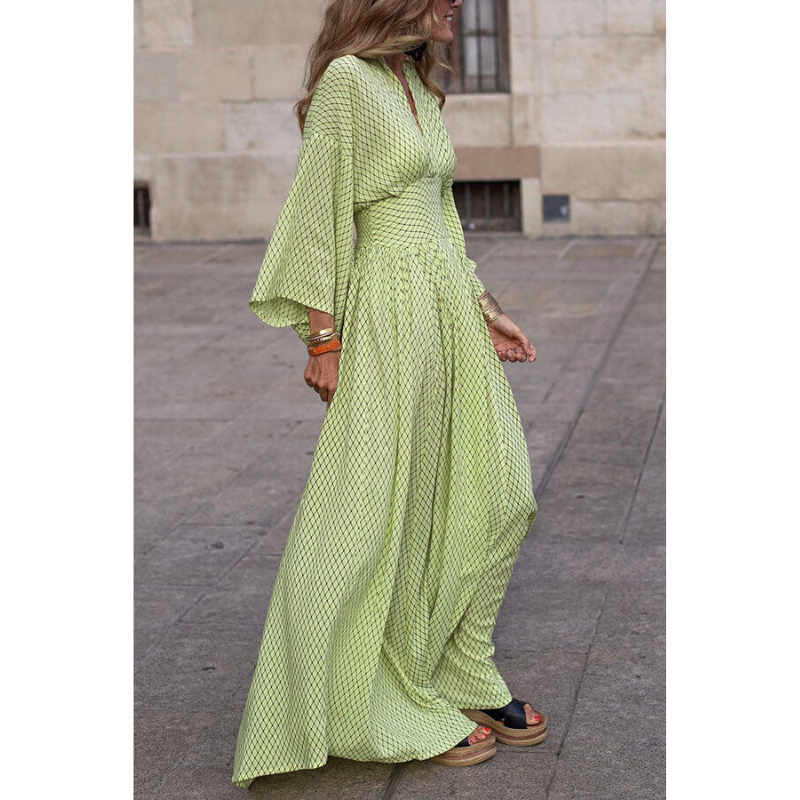 Women's Long Sleeve V-Neck Dress - Loose Fit - Waist Defined - Flowy Hem Elegant Style