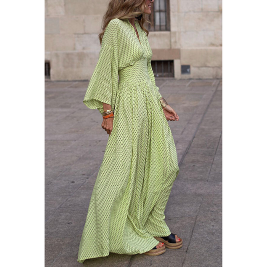 Women's Long Sleeve V-Neck Dress - Loose Fit - Waist Defined - Flowy Hem Elegant Style