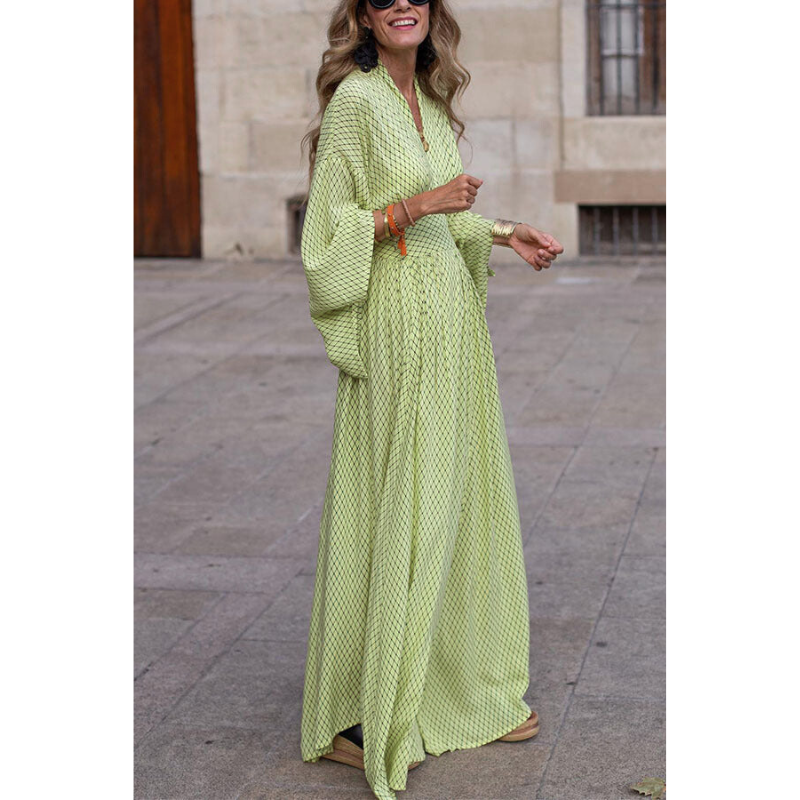 Women's Long Sleeve V-Neck Dress - Loose Fit - Waist Defined - Flowy Hem Elegant Style