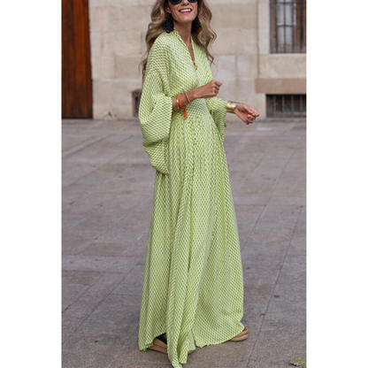 Women's Long Sleeve V-Neck Dress - Loose Fit - Waist Defined - Flowy Hem Elegant Style
