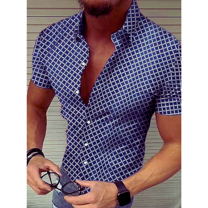 Men’s Short-Sleeve Button-Up Shirt – Slim Fit – Checked Pattern – Spread Collar