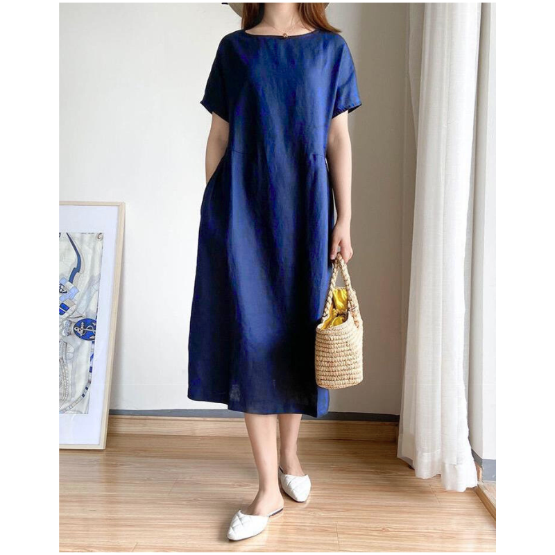 Women’s Midi Dress – Loose Fit – Lightweight Breathable Fabric – Short Sleeve Casual Style