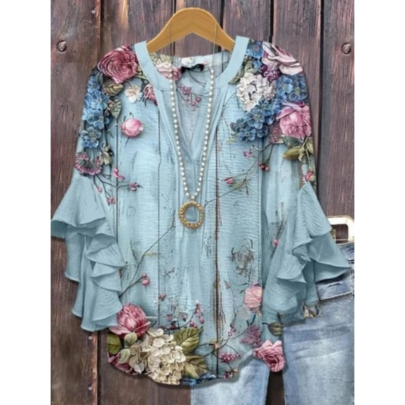 Women's Boho Blouse – V Neck Floral Print – Ruffle Sleeve Tunic Top – Casual Relaxed Fit