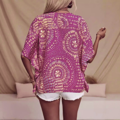 Women’s V-Neck Top – Relaxed Fit – Batwing Sleeves – Lightweight Printed Fabric