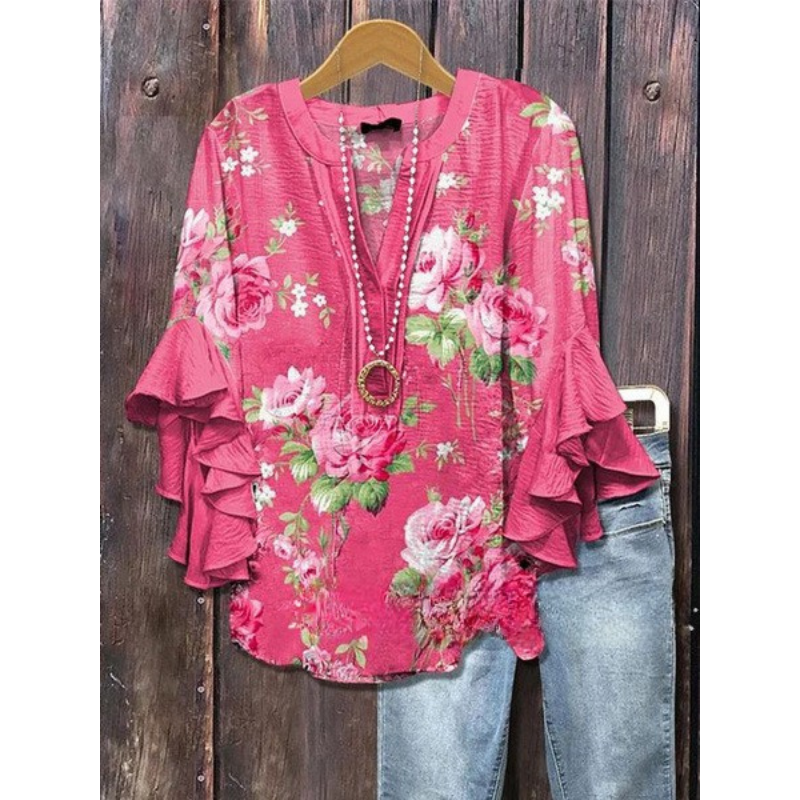 Women's Boho Blouse – V Neck Floral Print – Ruffle Sleeve Tunic Top – Casual Relaxed Fit