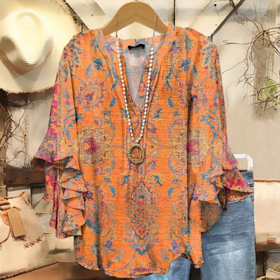 Women's Boho Blouse – V Neck Floral Print – Ruffle Sleeve Tunic Top – Casual Relaxed Fit