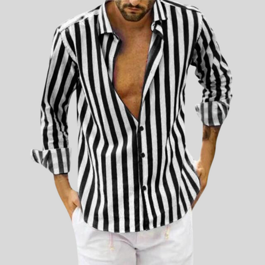 Men's Button-Up Shirt - Slim Fit - Long Sleeve - Vertical Stripe Pattern - Spread Collar