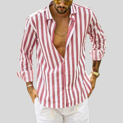 Men's Button-Up Shirt - Slim Fit - Long Sleeve - Vertical Stripe Pattern - Spread Collar