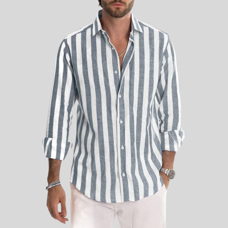 Men's Button-Up Shirt - Slim Fit - Long Sleeve - Vertical Stripe Pattern - Spread Collar