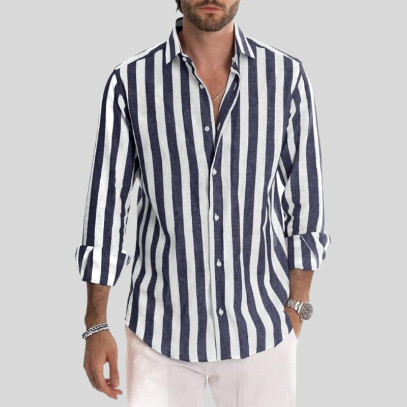 Men's Button-Up Shirt - Slim Fit - Long Sleeve - Vertical Stripe Pattern - Spread Collar