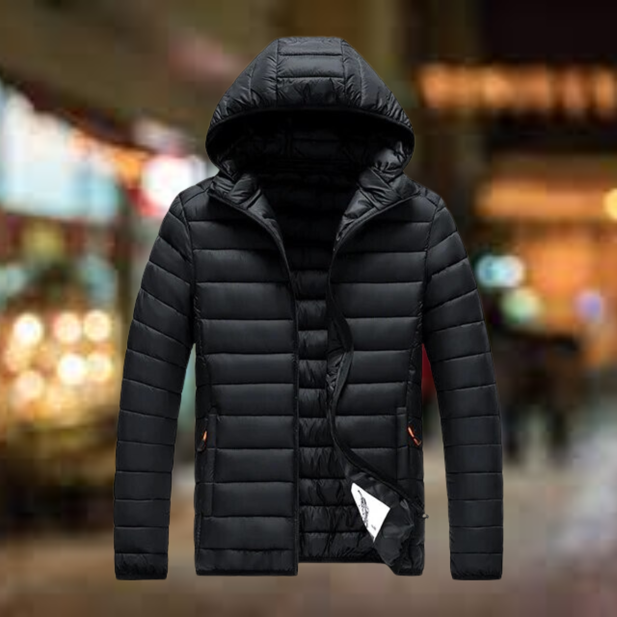 Men's quilted puffer jacket with hood and pockets