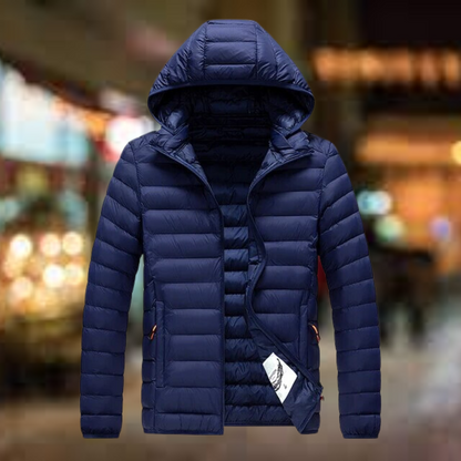 Men's quilted puffer jacket with hood and pockets