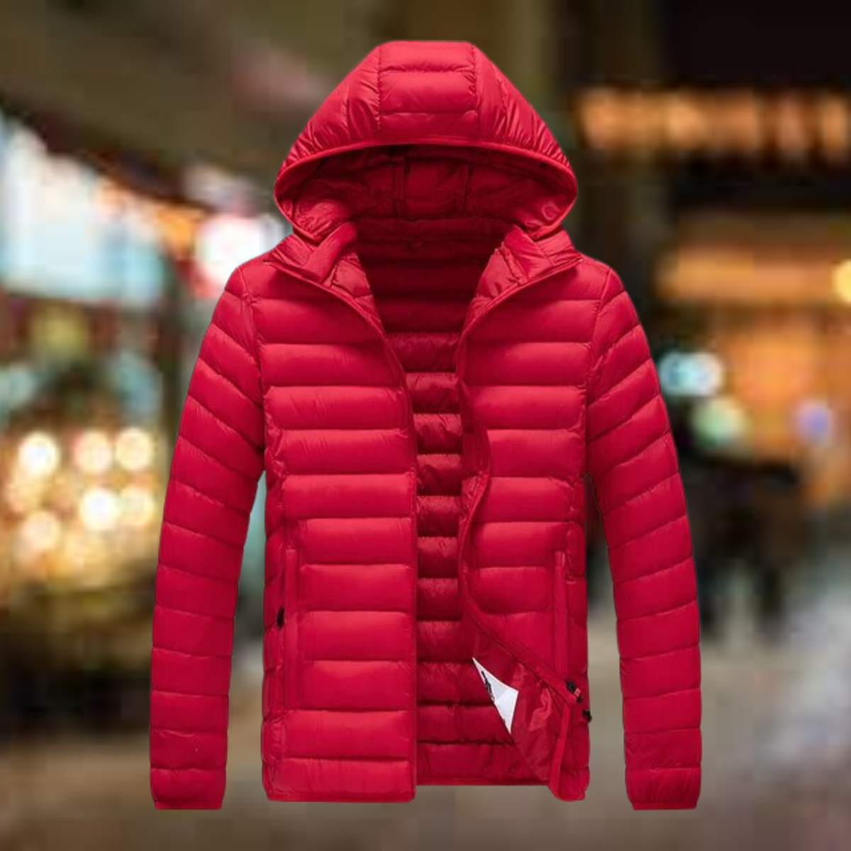 Men's quilted puffer jacket with hood and pockets