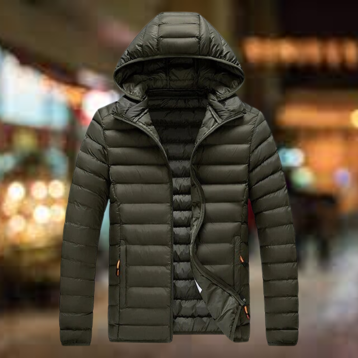 Men's quilted puffer jacket with hood and pockets