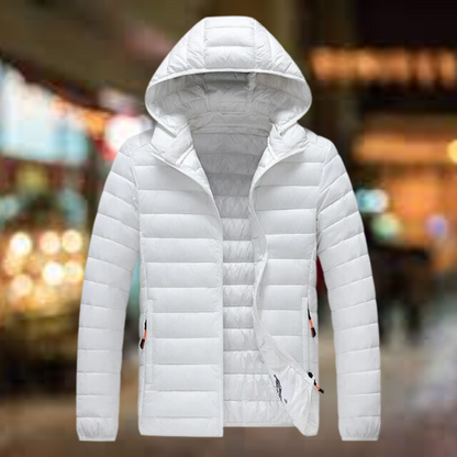 Men's quilted puffer jacket with hood and pockets