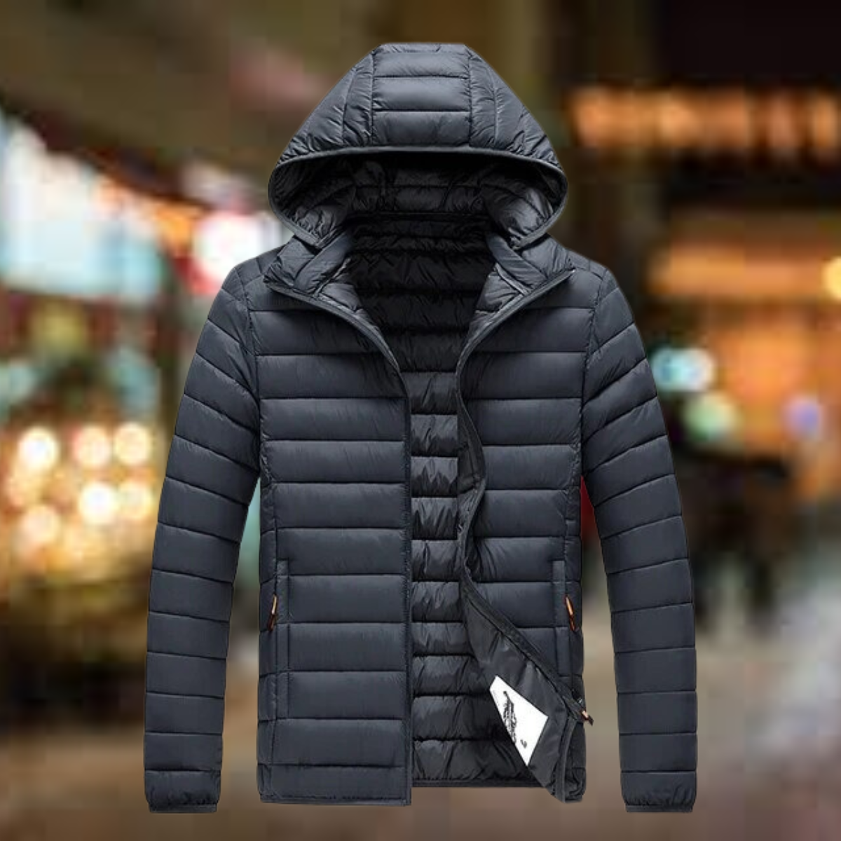 Men's quilted puffer jacket with hood and pockets