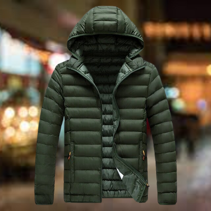 Men's quilted puffer jacket with hood and pockets