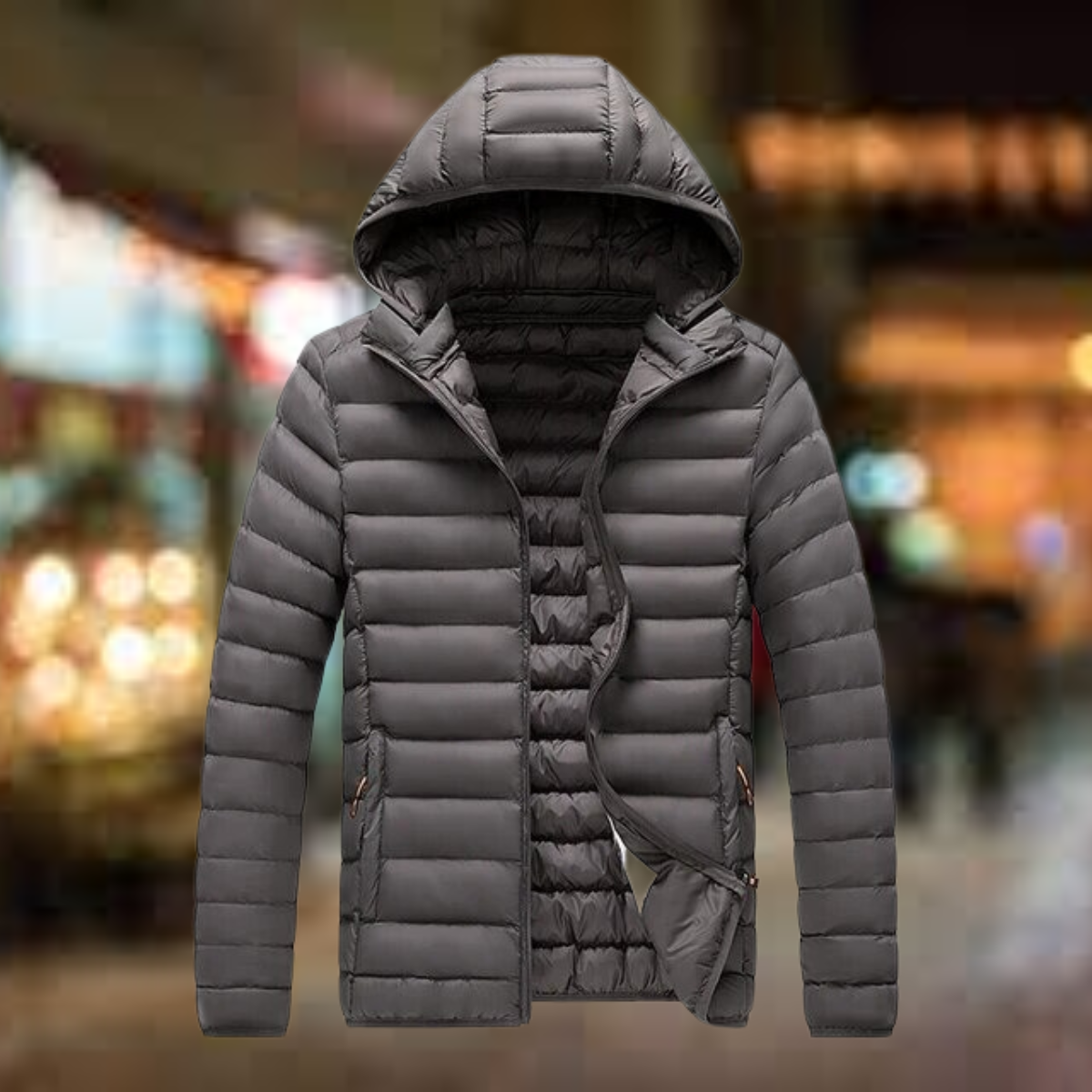 Men's quilted puffer jacket with hood and pockets