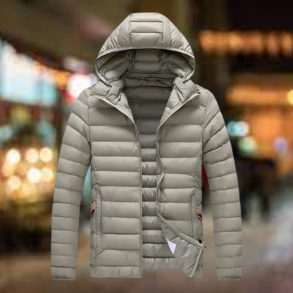 Men's quilted puffer jacket with hood and pockets