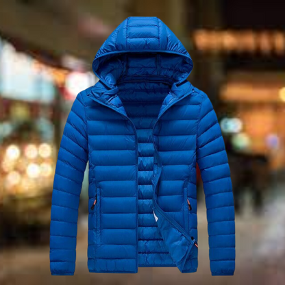 Men's quilted puffer jacket with hood and pockets