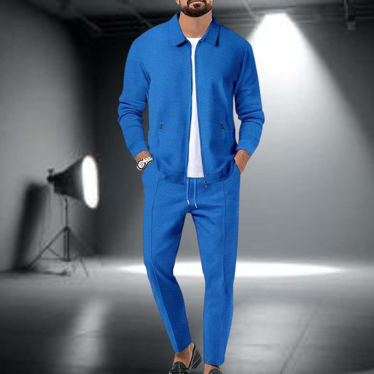 Men's Tracksuit Set - Polyester Full-Zip Jacket and Pants, Lightweight Athleisure Wear
