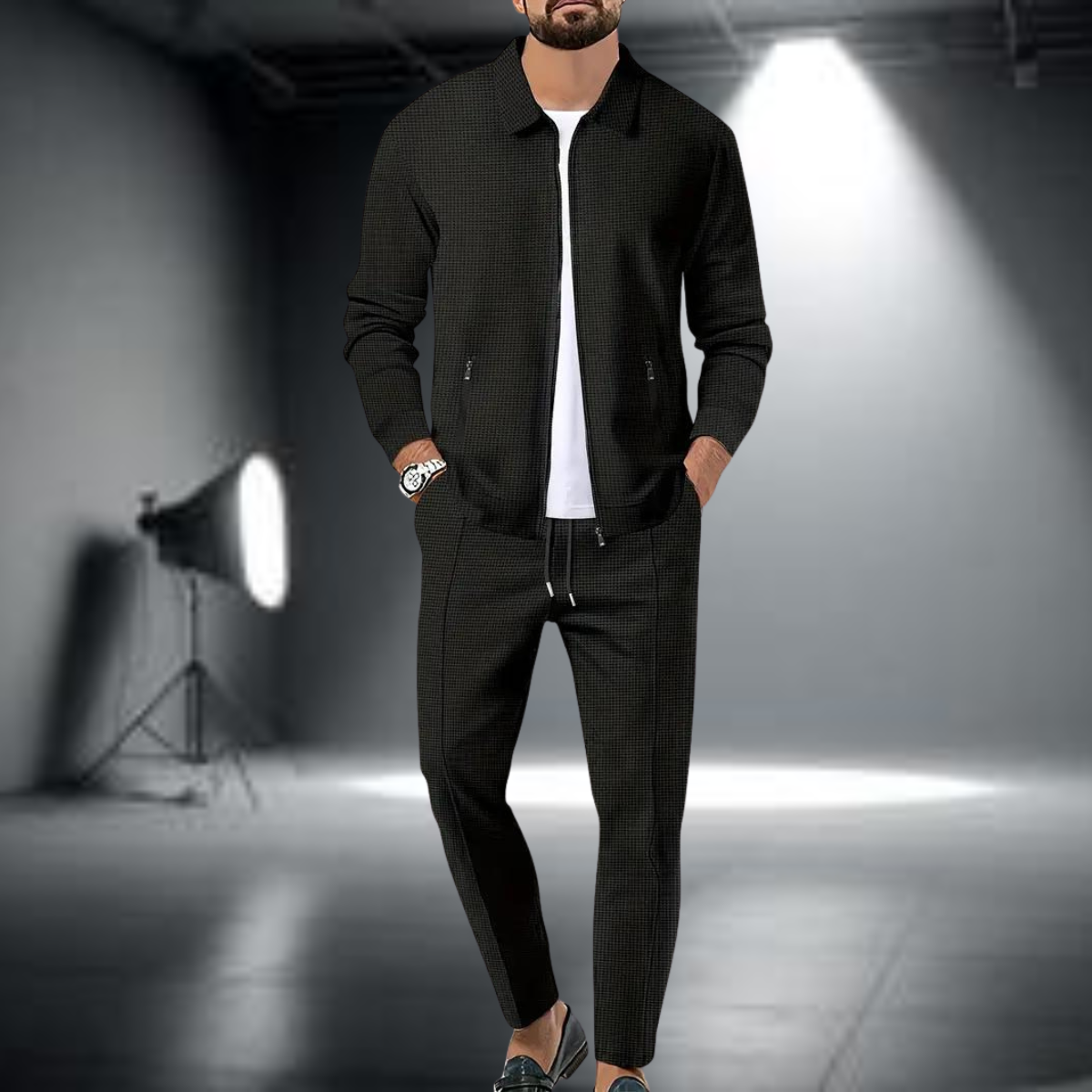 Men's Tracksuit Set - Polyester Full-Zip Jacket and Pants, Lightweight Athleisure Wear