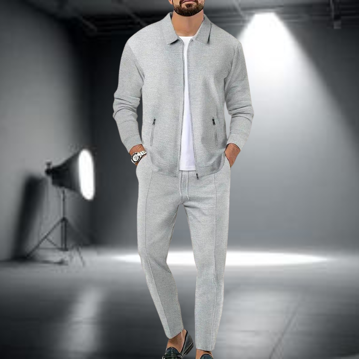 Men's Tracksuit Set - Polyester Full-Zip Jacket and Pants, Lightweight Athleisure Wear
