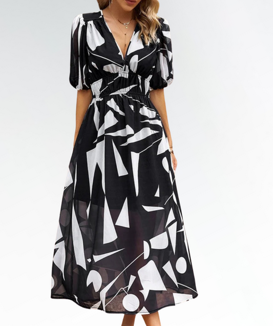 Women's Midi Dress - A-Line Fit - V-Neck - Puff Sleeves - Abstract Pattern - Flowy Fabric