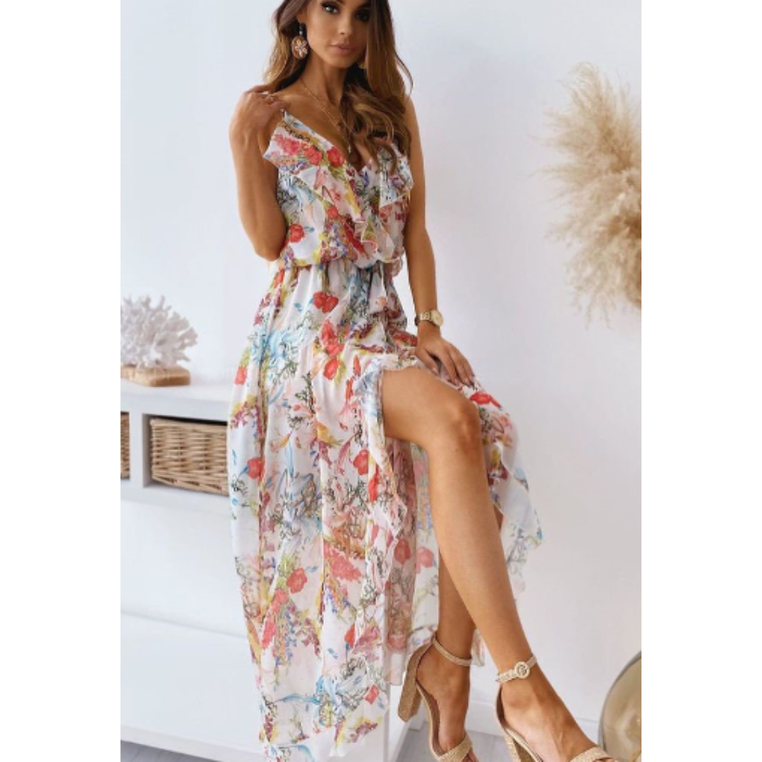 Women's Maxi Dress - Floral Print - V-Neck Ruffle - Fitted Waist - Flowy Elegant Style