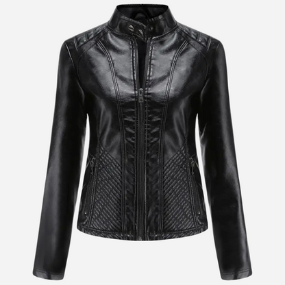 Women’s Leather Jacket – Slim Fit – Quilted Panels – Stand Collar – Zipper Front