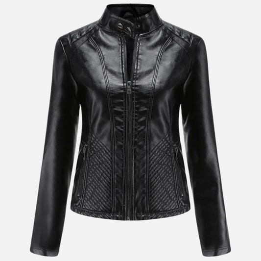 Women’s Leather Jacket – Slim Fit – Quilted Panels – Stand Collar – Zipper Front