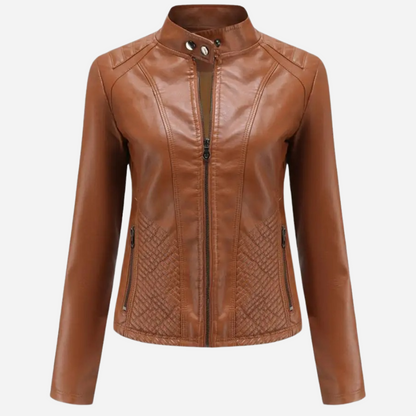 Women’s Leather Jacket – Slim Fit – Quilted Panels – Stand Collar – Zipper Front
