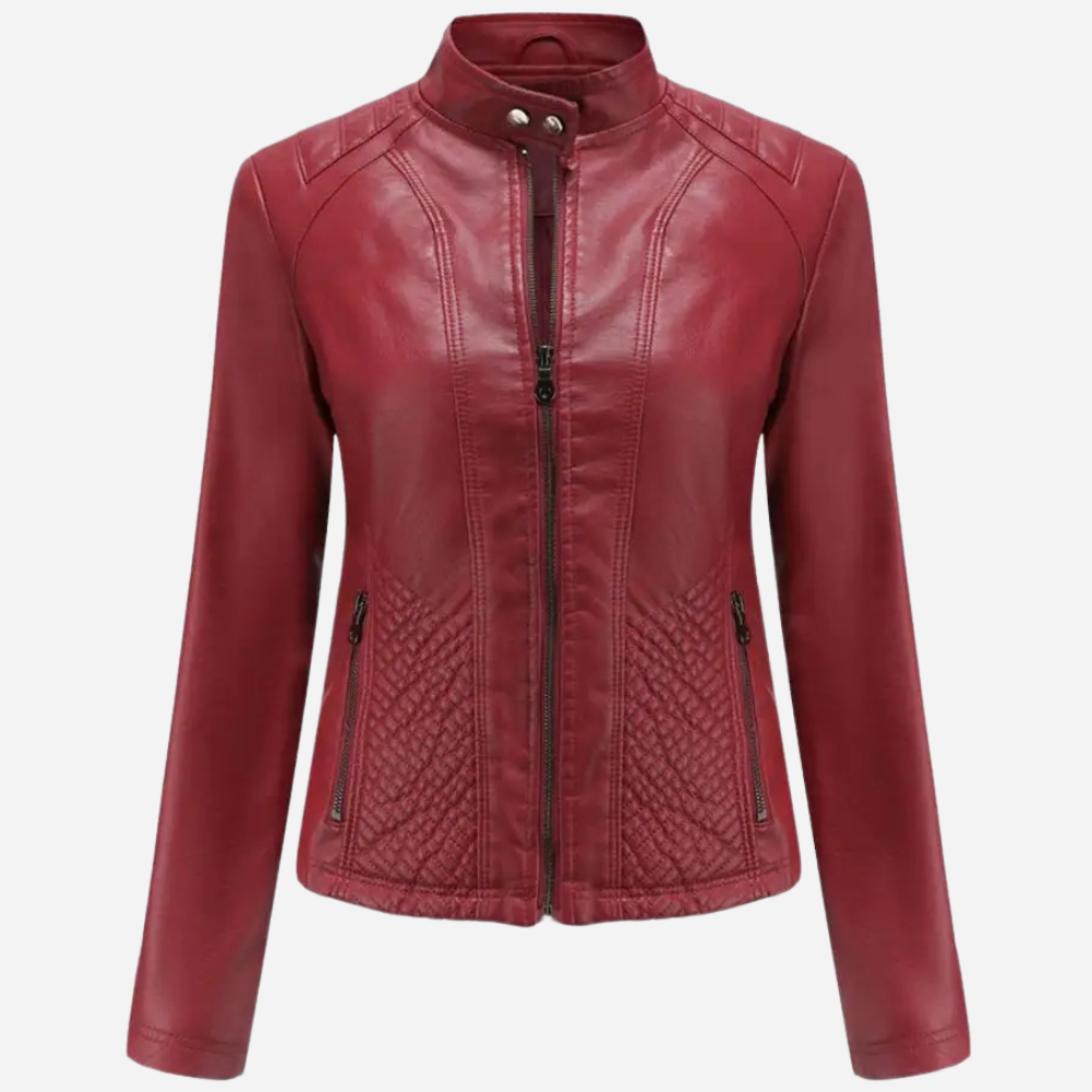 Women’s Leather Jacket – Slim Fit – Quilted Panels – Stand Collar – Zipper Front