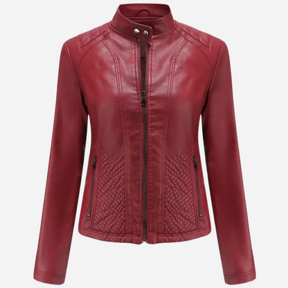 Women’s Leather Jacket – Slim Fit – Quilted Panels – Stand Collar – Zipper Front