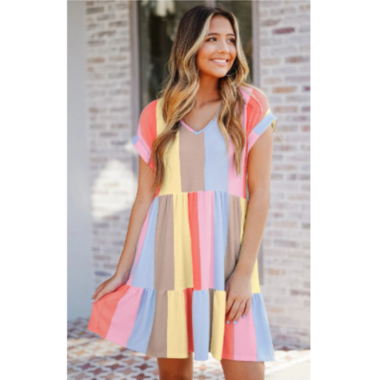 Women's Short-Sleeve Dress - V-Neck - Tiered Relaxed Fit - Striped Casual Wear