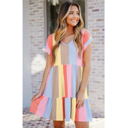 Women's Knee-Length Dress - Relaxed Fit - V-Neck - Short Rolled Sleeves - Tiered Design