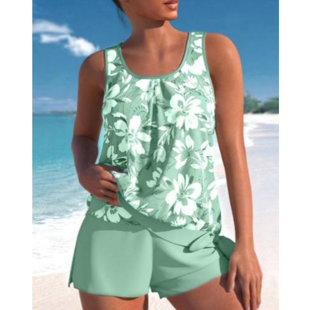 Women’s Tankini Set – Relaxed Fit – Breathable Blend – Flowy Top with Wrap Shorts