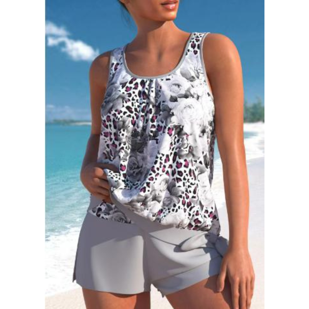 Women’s Tankini Set – Relaxed Fit – Breathable Blend – Flowy Top with Wrap Shorts