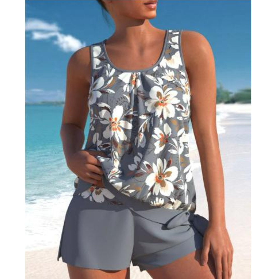 Women’s Tankini Set – Relaxed Fit – Breathable Blend – Flowy Top with Wrap Shorts