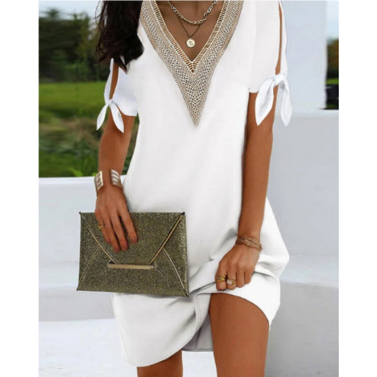Women’s Tunic Dress – Relaxed Fit – V-Neck Detail – Split Sleeve Bow Ties – Breathable Blend