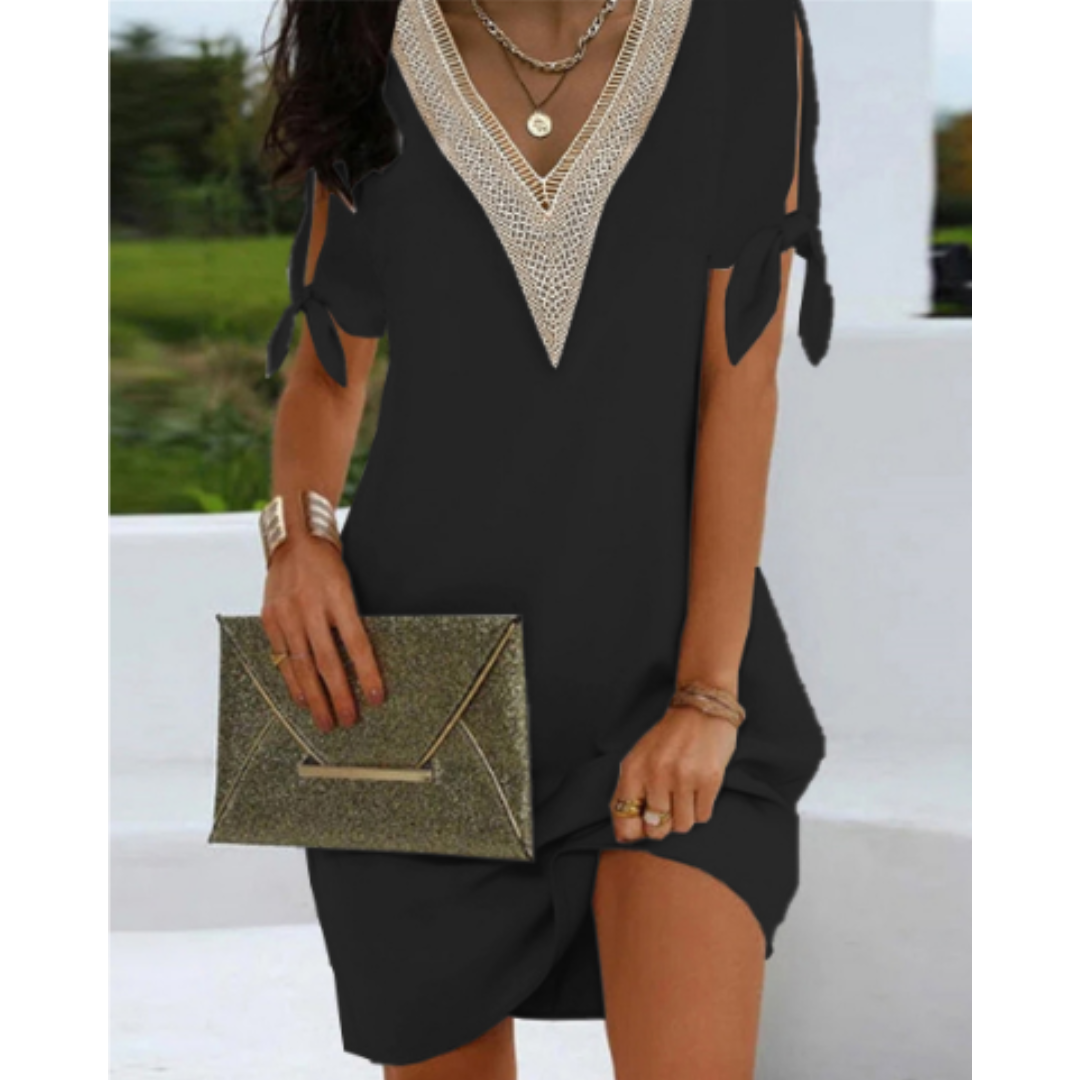 Women’s Tunic Dress – Relaxed Fit – V-Neck Detail – Split Sleeve Bow Ties – Breathable Blend