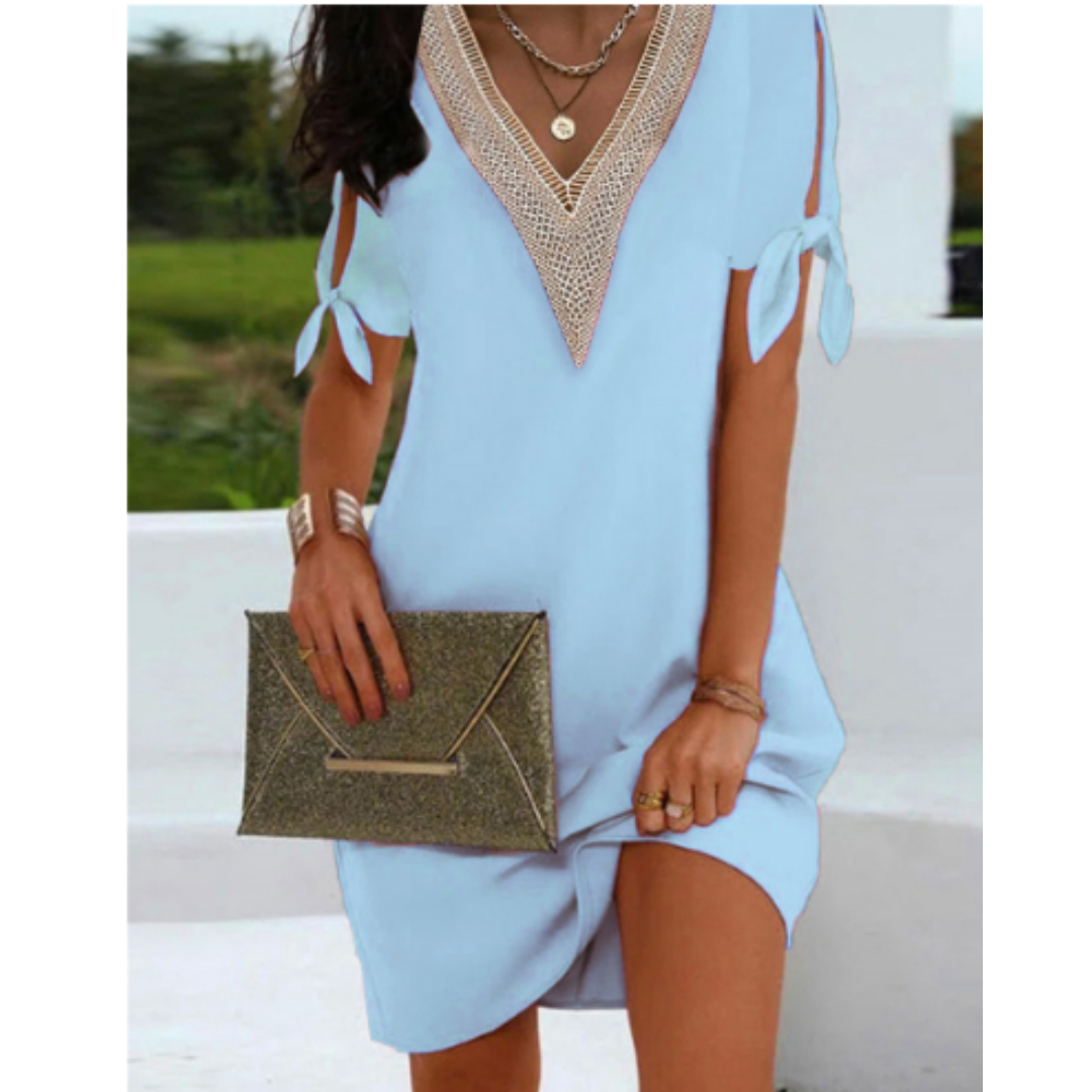 Women’s Tunic Dress – Relaxed Fit – V-Neck Detail – Split Sleeve Bow Ties – Breathable Blend