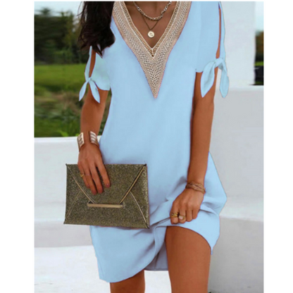 Women’s Tunic Dress – Relaxed Fit – V-Neck Detail – Split Sleeve Bow Ties – Breathable Blend