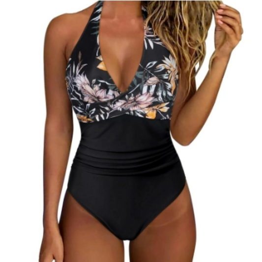 Women’s One-Piece Swimsuit – Halter Neck – Plunging Neckline – Ruched Waist – Floral Print