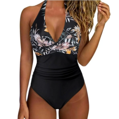 Women’s One-Piece Swimsuit – Halter Neck – Plunging Neckline – Ruched Waist – Floral Print