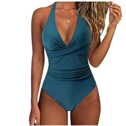 Women’s One-Piece Swimsuit – Halter Neck – Plunging Neckline – Ruched Waist – Floral Print